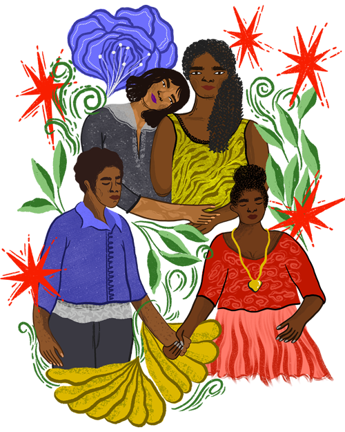 An illustration, two lesbian couples, one couple holding hands, the other couple hugging eachother.