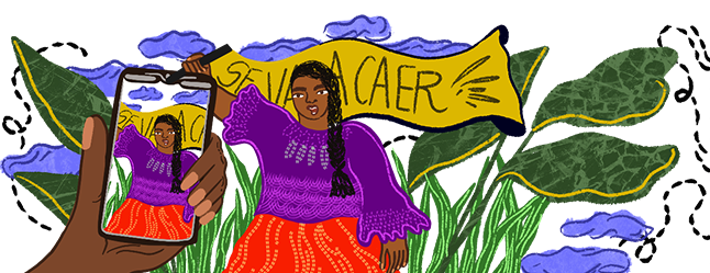 An illustrated girl of colour with braided hair holding a Sevaacaer banner