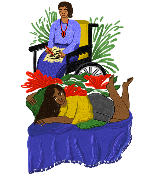 An illustration of a women sitting on a wheelchair writing, another women laying on a bed.