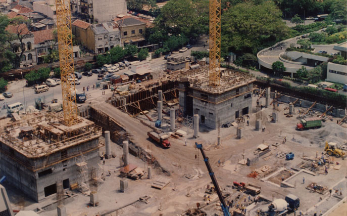 Arial view of the construction site of the World class office space provider Colombo World Trade Center. Base of the twin towers complete picture taken in 1993.