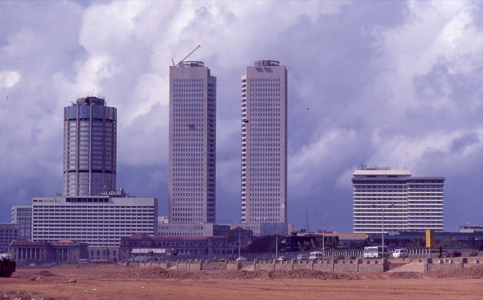 a view the the construction completed Colombo World Trade Center from the Gall Face Greens.